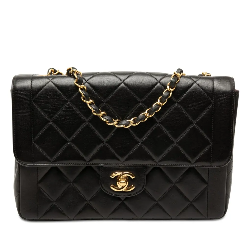 Chanel Medium CC Quilted Lambskin Border Single Flap Black Leather Very good - Front View