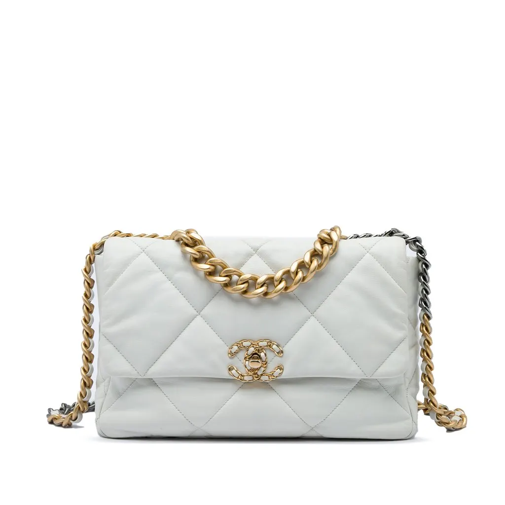 Chanel Large Lambskin 19 Flap White Leather Very good - Front View