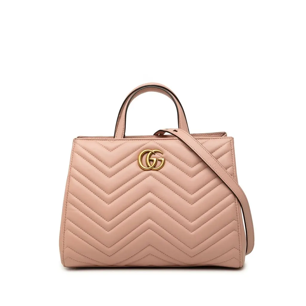 Gucci Small GG Marmont Matelasse Calfskin Satchel Pink Leather Good - Front View