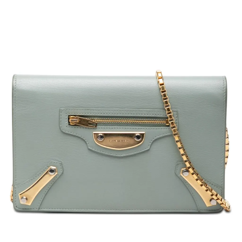 Balenciaga Goatskin Motocross Metallic Edge Wallet on Chain Green Leather Very good - Front View