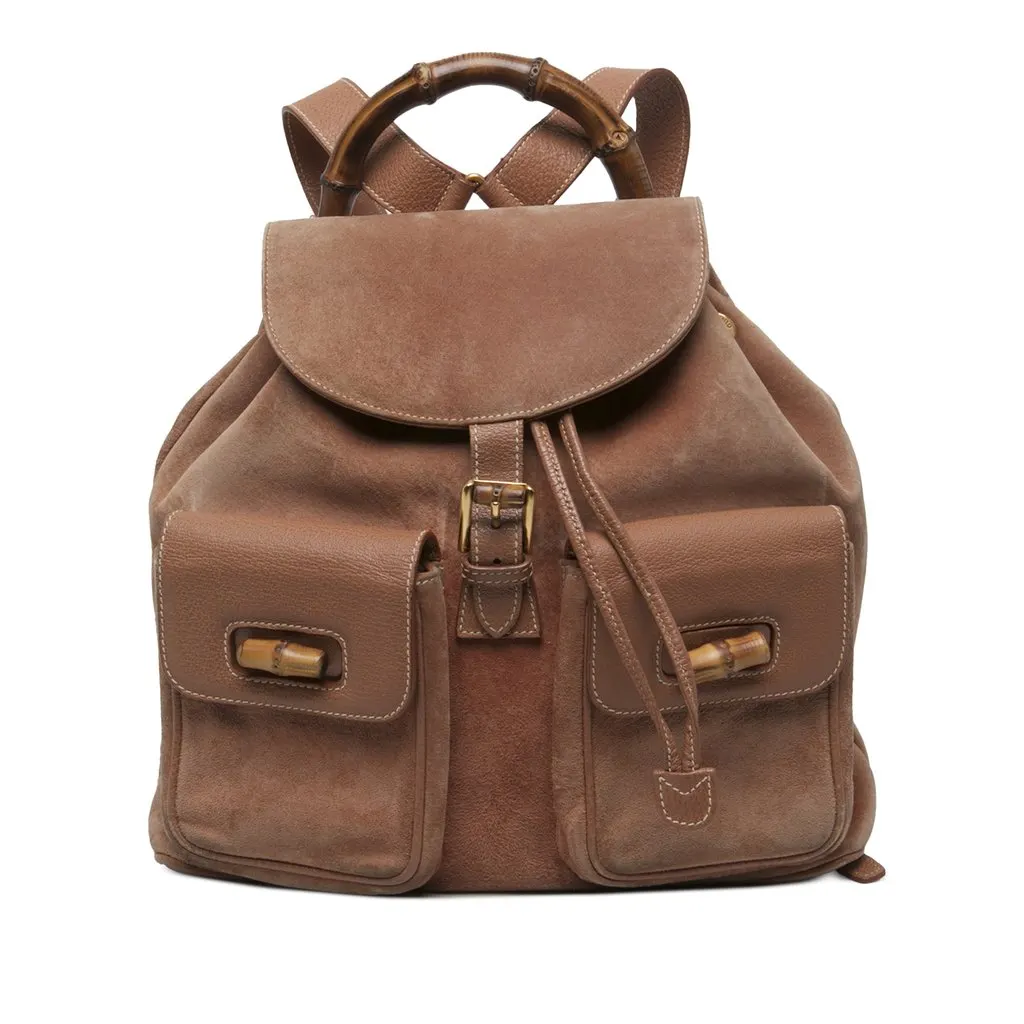 Gucci Large Suede Bamboo Drawstring Backpack Brown Suede Very good - Front View