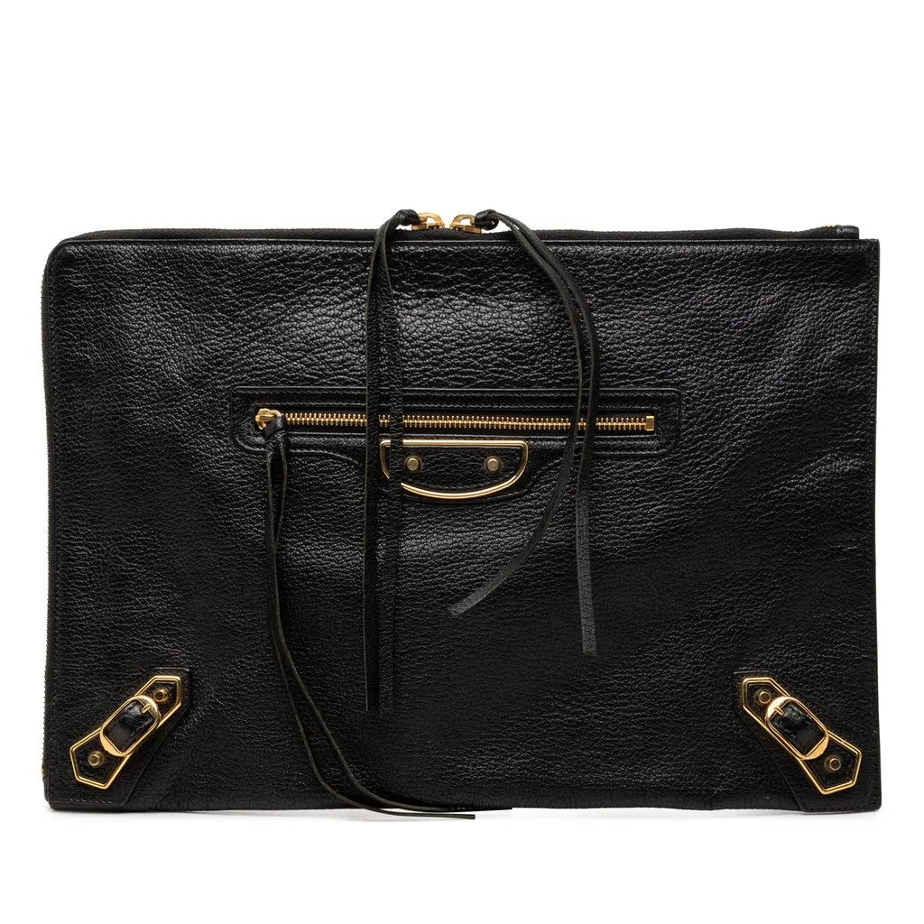 Balenciaga Medium Goatskin Motocross Classic Metallic Edge Clutch Black Leather Very good - Front View