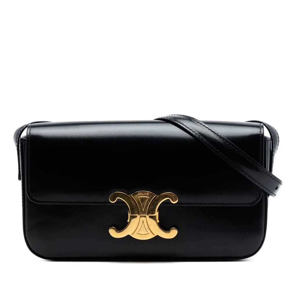 Celine Shiny Calfskin Triomphe Claude Shoulder Bag Black Leather Very good - Front View