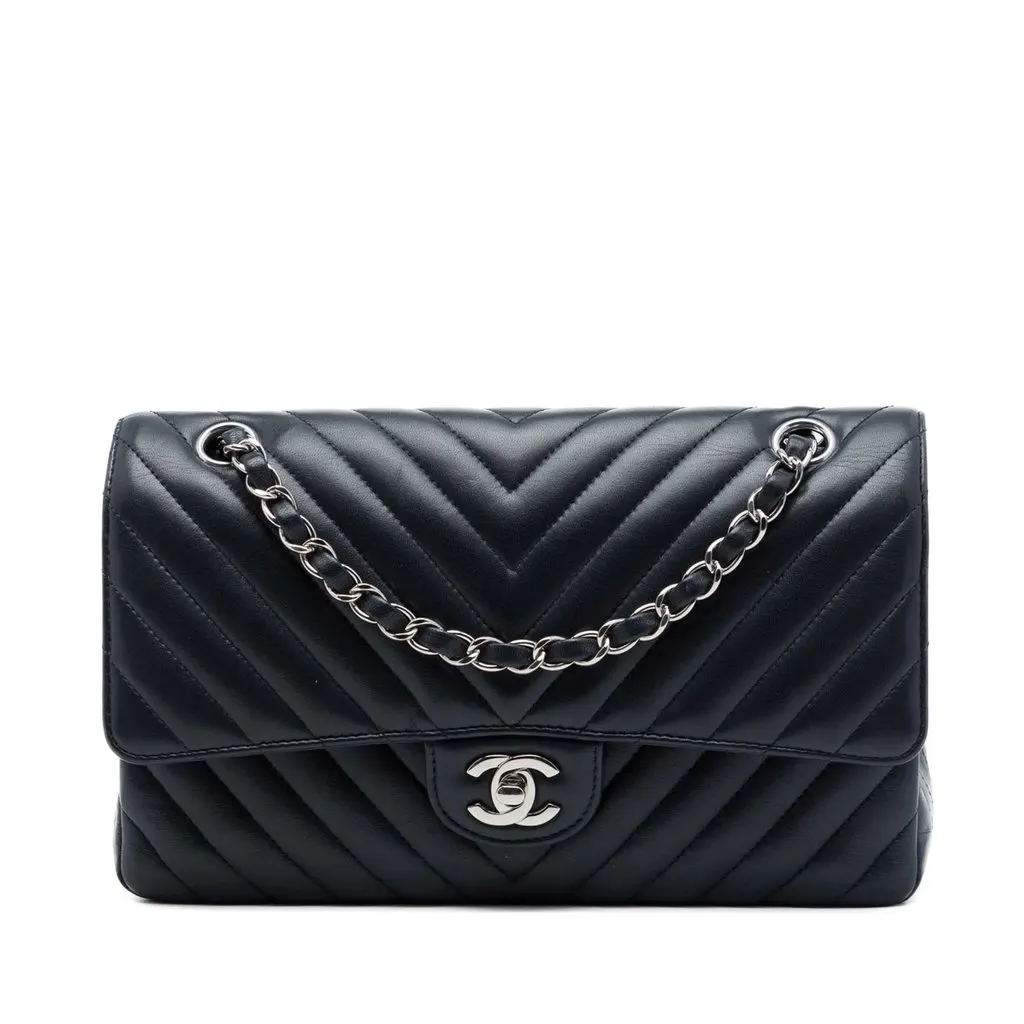Chanel Medium Classic Chevron Lambskin Double Flap Blue Leather Very good - Front View