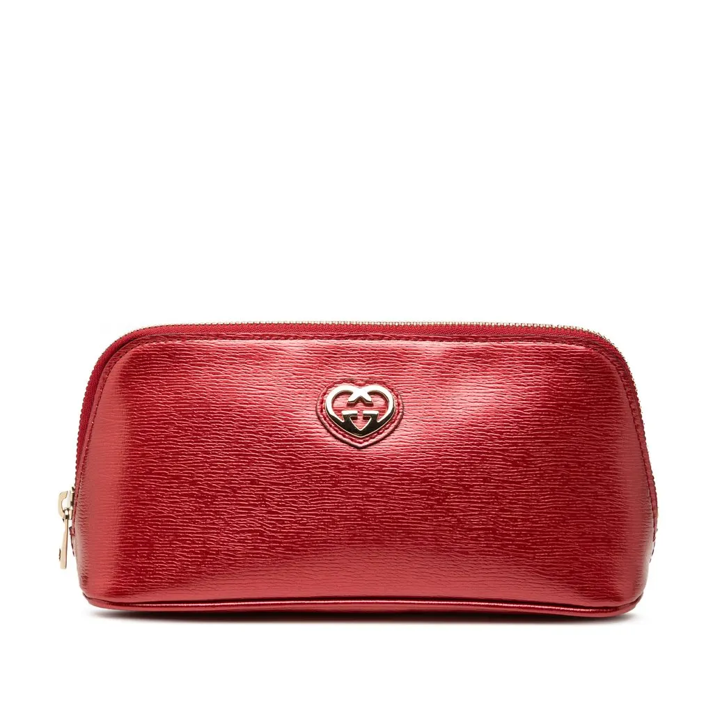 Gucci Metallic Calfskin Lovely Cosmetic Pouch Red Leather Very good - Front View