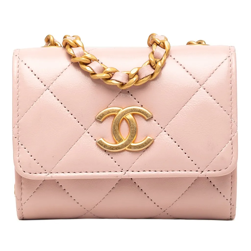 Chanel CC Quilted Lambskin Medallion Clutch With Chain Pink Leather Very good - Front View