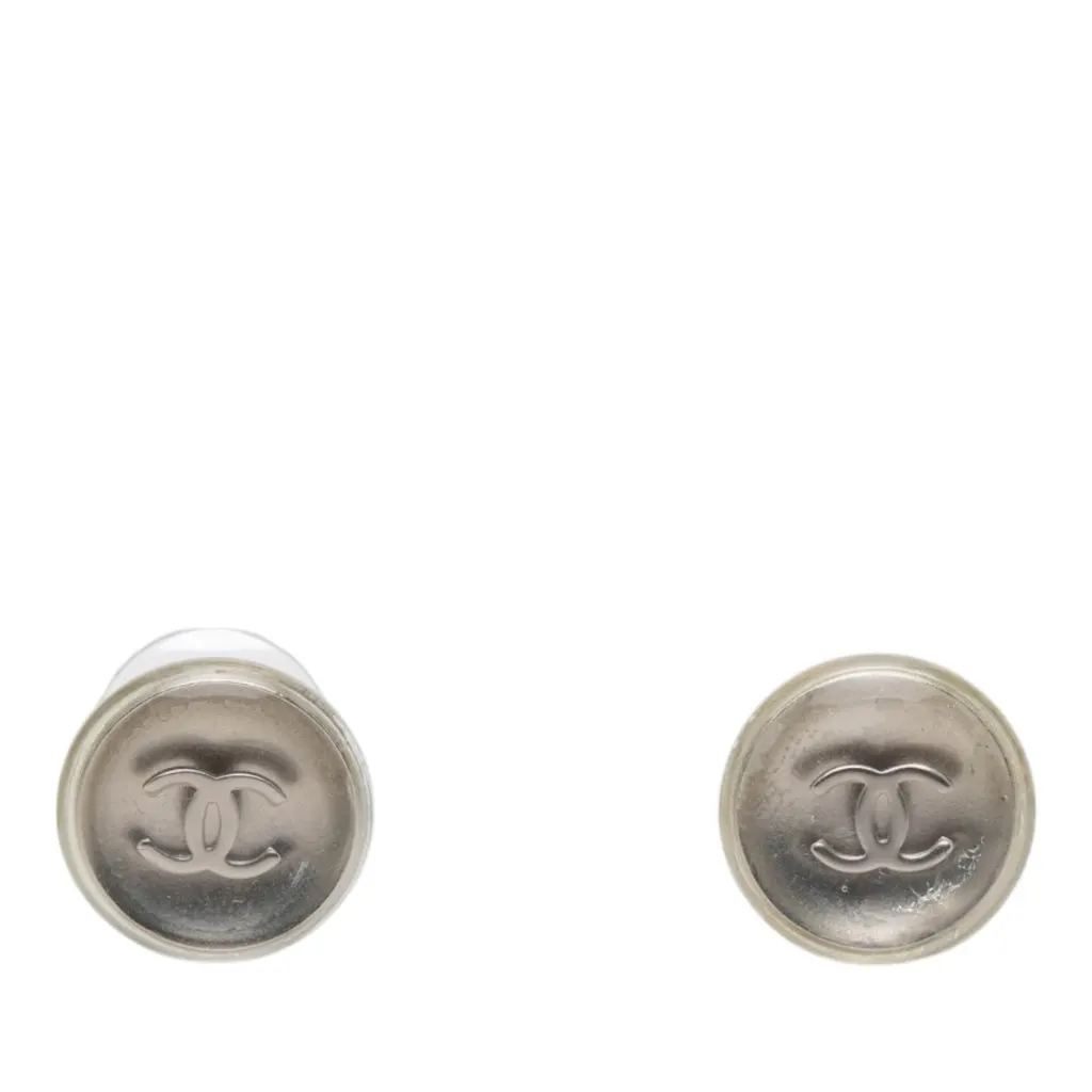Chanel CC Resin and Brass Round Push Back Earrings Silver Metal Very good - Front View
