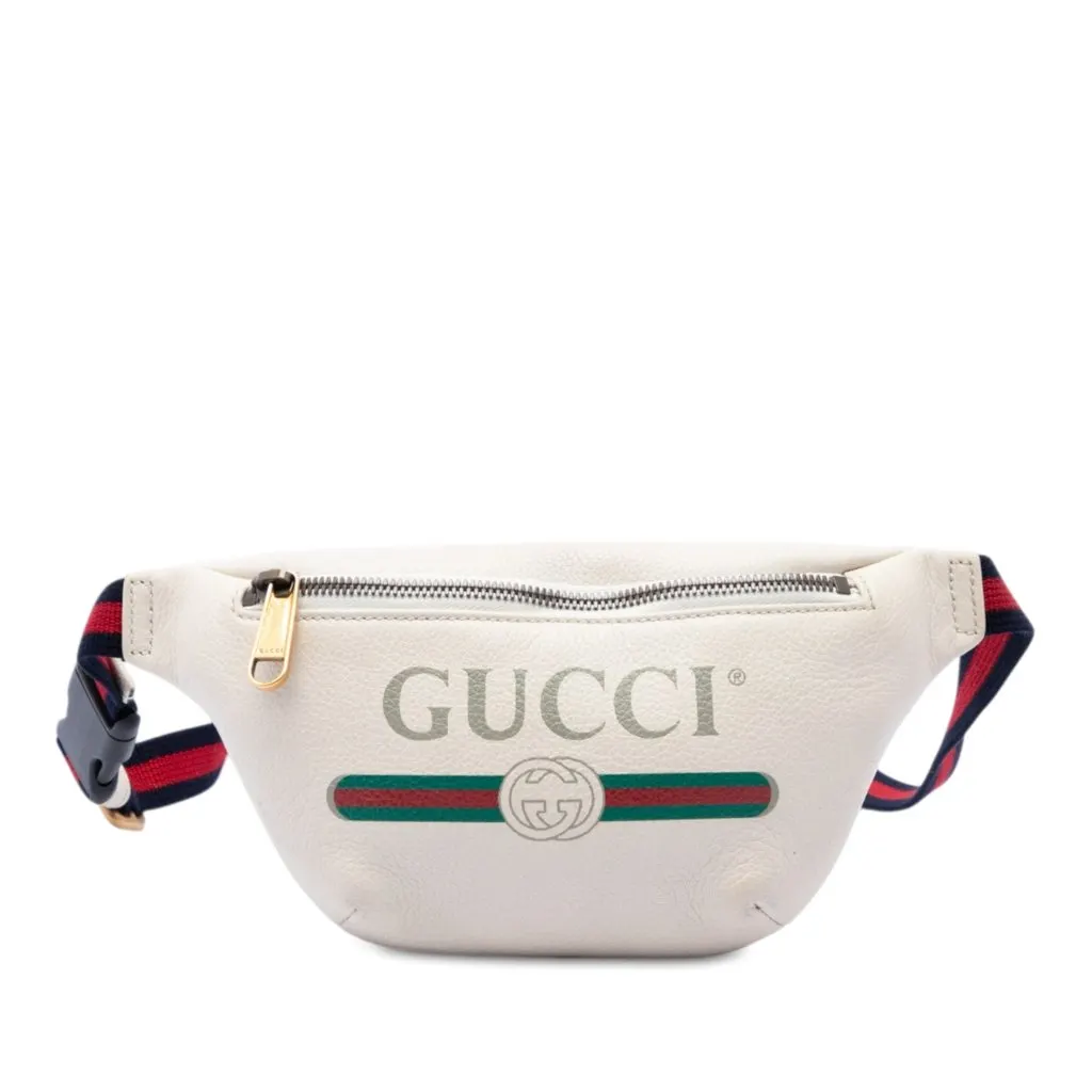 Gucci Small Grained Calfskin Web Logo Belt Bag White Leather Good - Front View