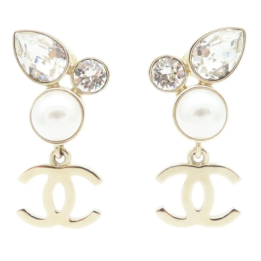 Chanel CC Gold Plated Faux Pearl and Rhinestone Drop Earrings