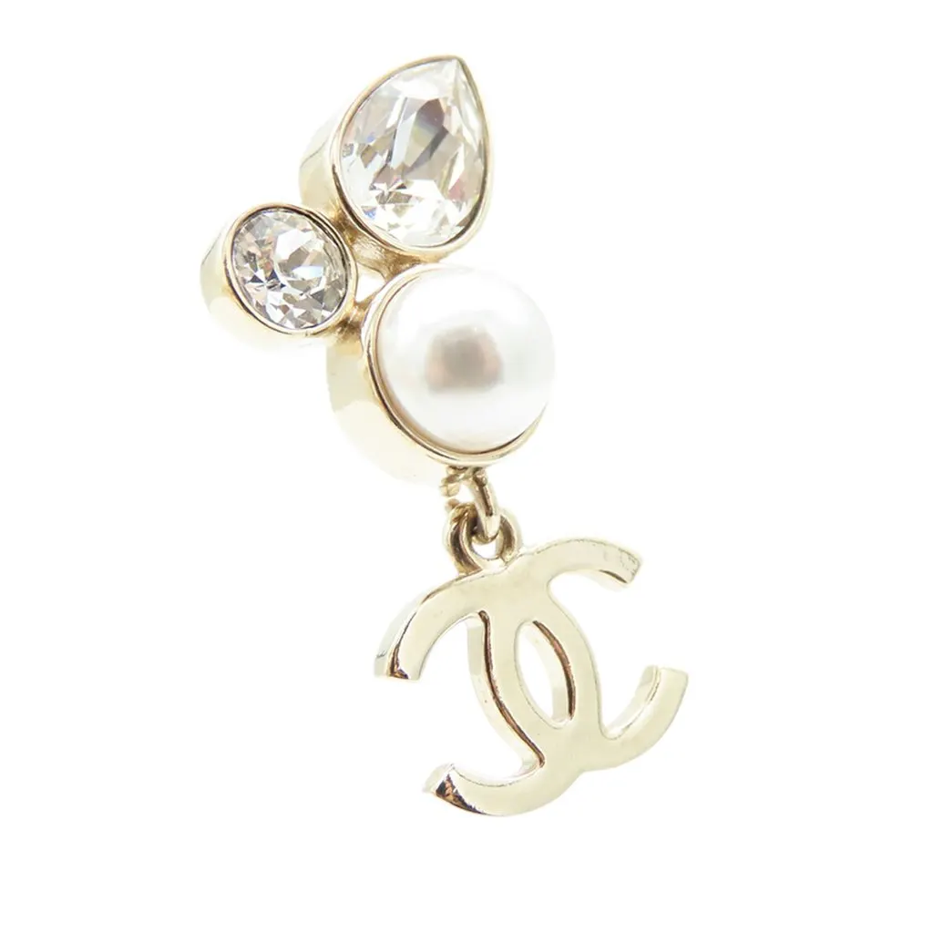 Chanel CC Gold Plated Faux Pearl and Rhinestone Drop Earrings Gold Metal Very good - Inside View