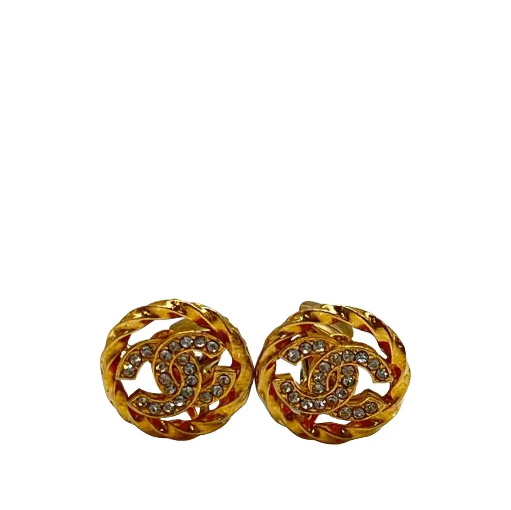 Chanel CC Gold Plated Rhinestone Round Clip On Earrings