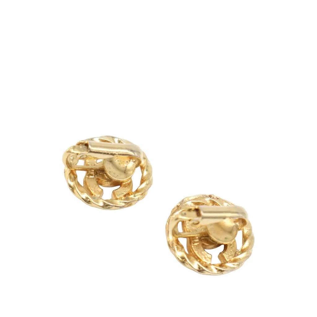 Chanel CC Gold Plated Rhinestone Round Clip On Earrings Gold Brass Very good - Model View