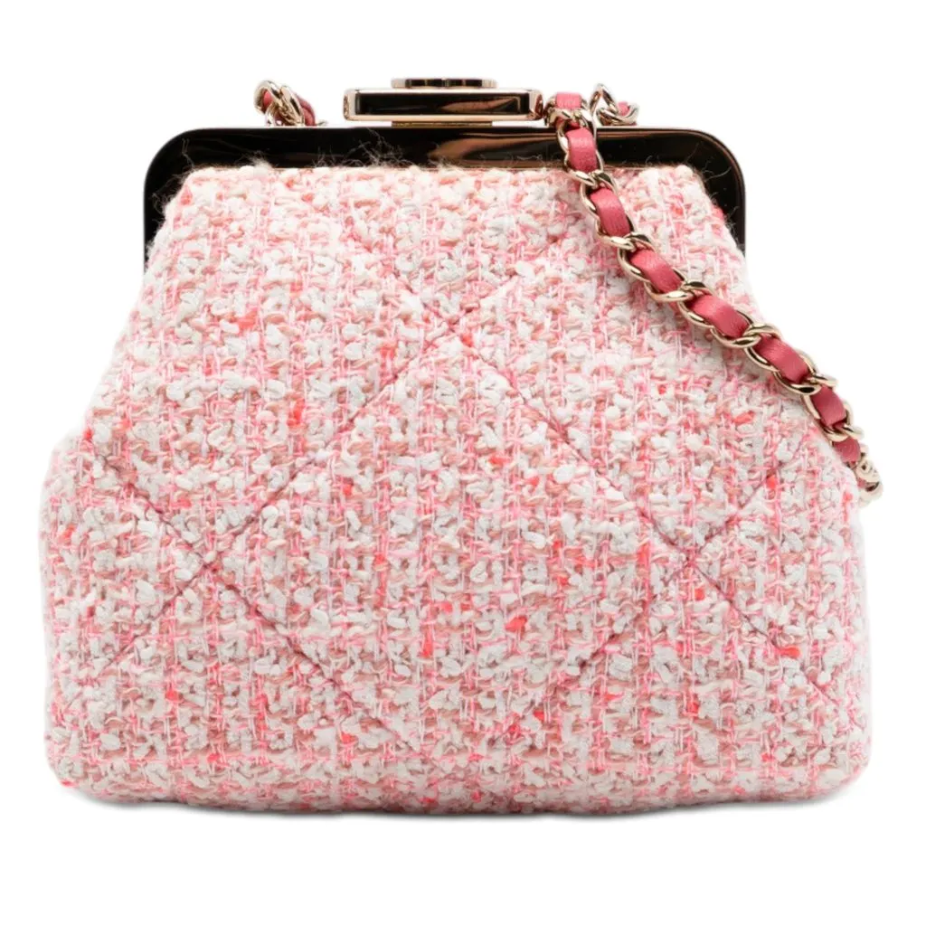 Chanel Quilted Tweed Kisslock Clutch With Chain Pink Very good - Front View