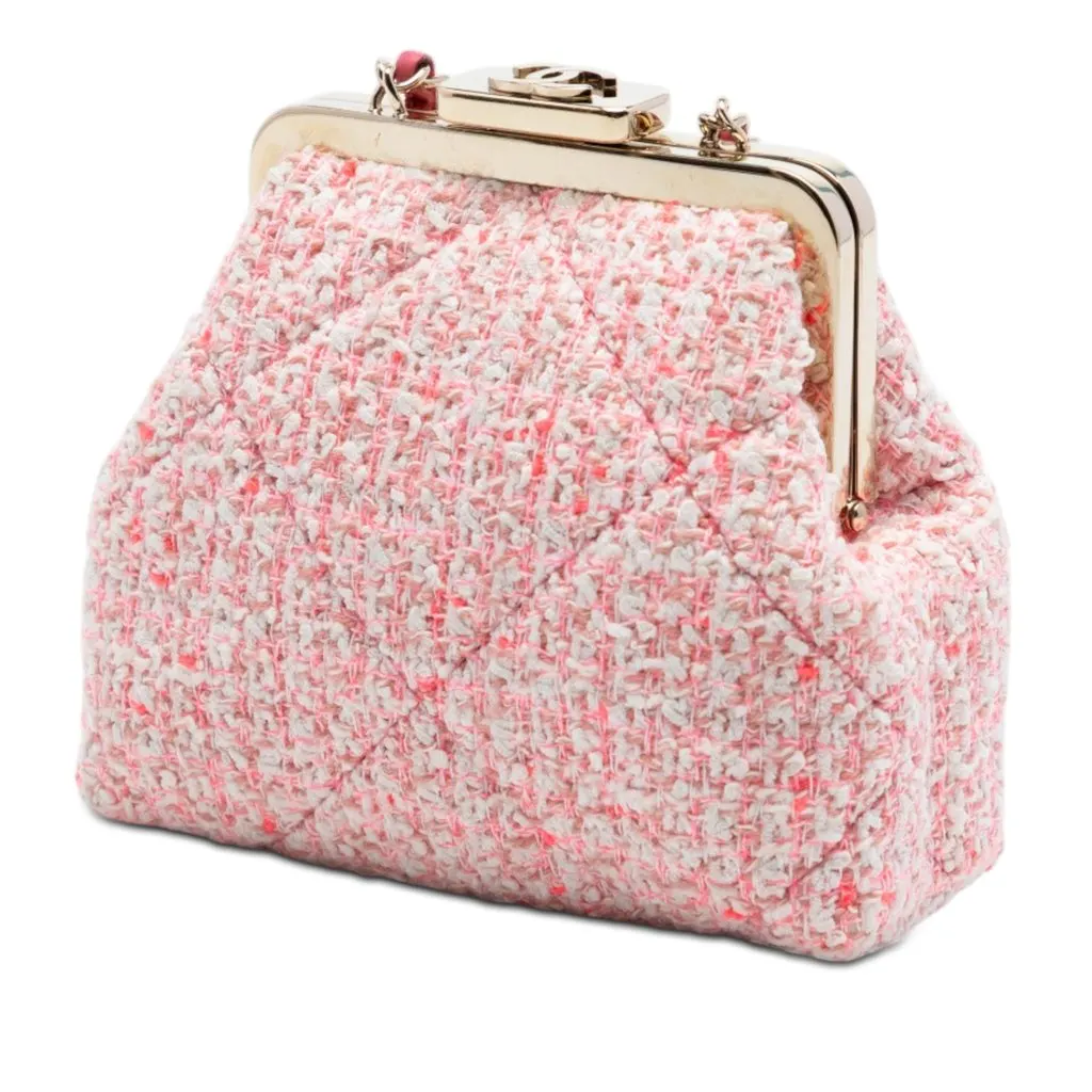 Chanel Quilted Tweed Kisslock Clutch With Chain Pink Very good - Back View
