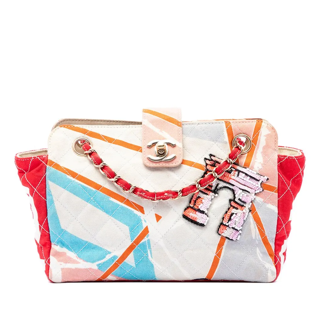 Chanel CC Quilted Printed Canvas and Sequins Arc De Triomphe Shoulder Bag Beige Very good - Front View