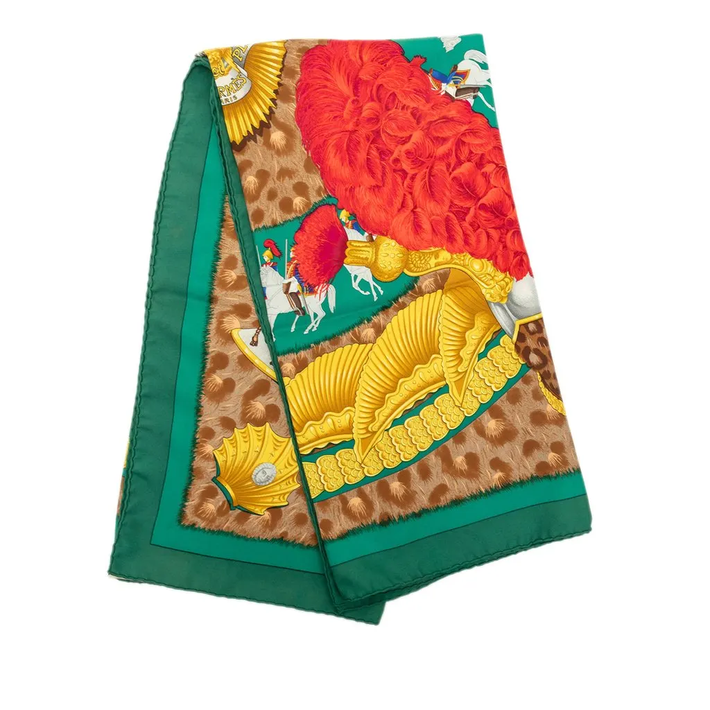 Hermès Casques et Plumets Silk Scarf 90 Green Silk Very good - Front View