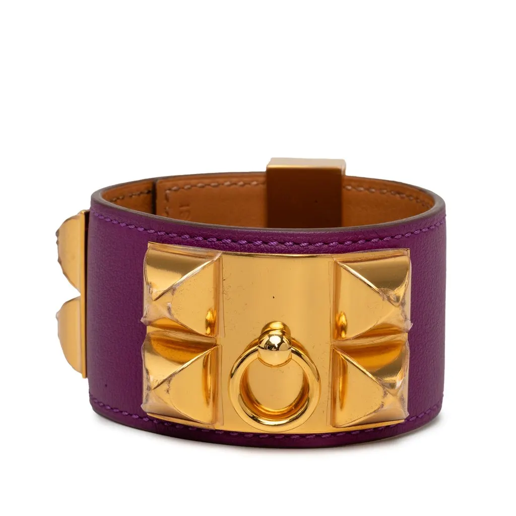 Hermès Gold Plated and Swift Collier de Chien Bracelet T4 Purple Leather Very good - Back View