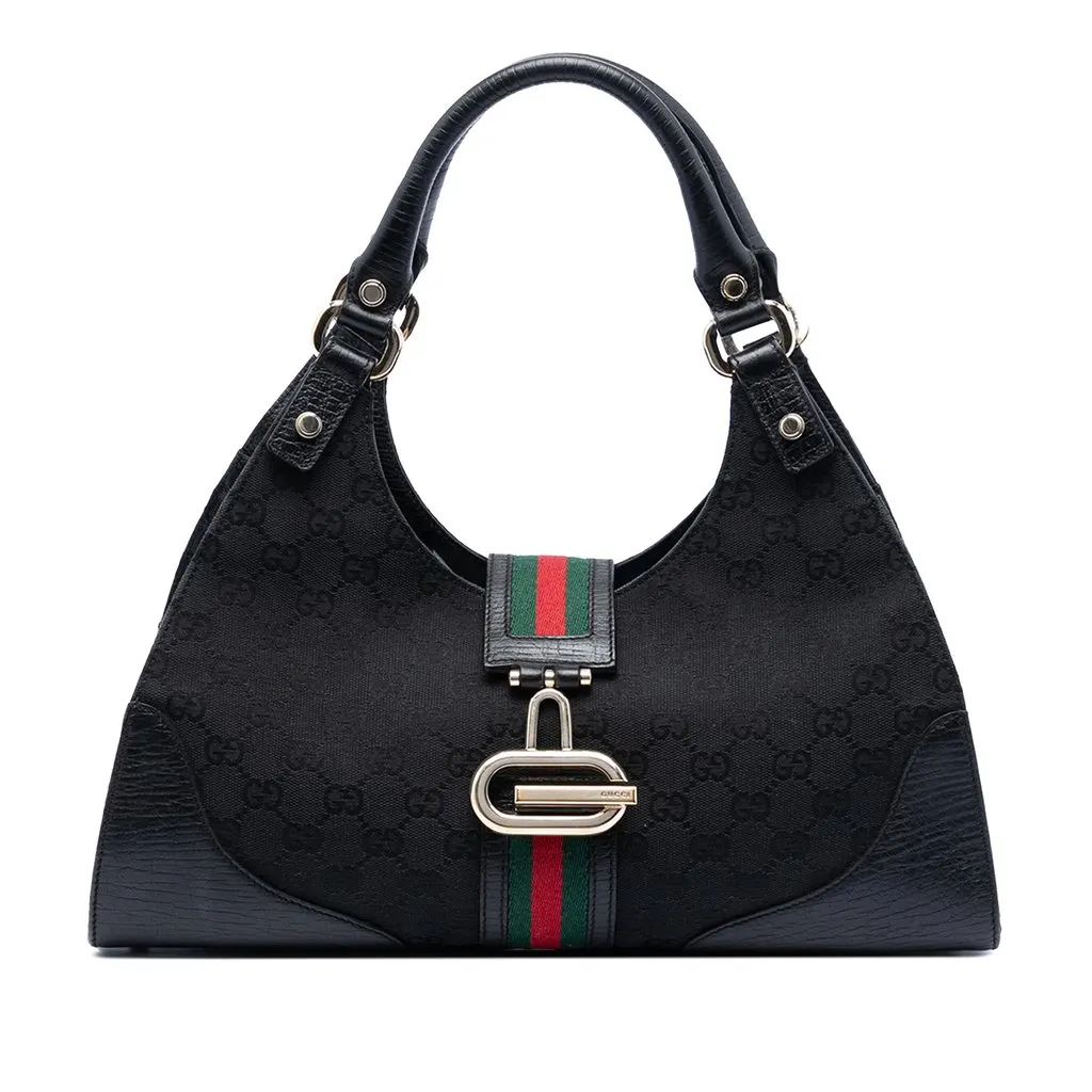 Gucci GG Canvas Web Junco Shoulder Bag Black Very good - Front View