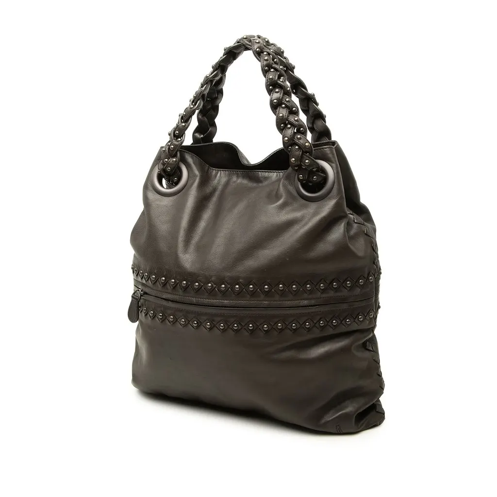 Bottega Veneta Intrecciato Trimmed Studded Nappa Julie Tote Brown Leather Very good - Back View