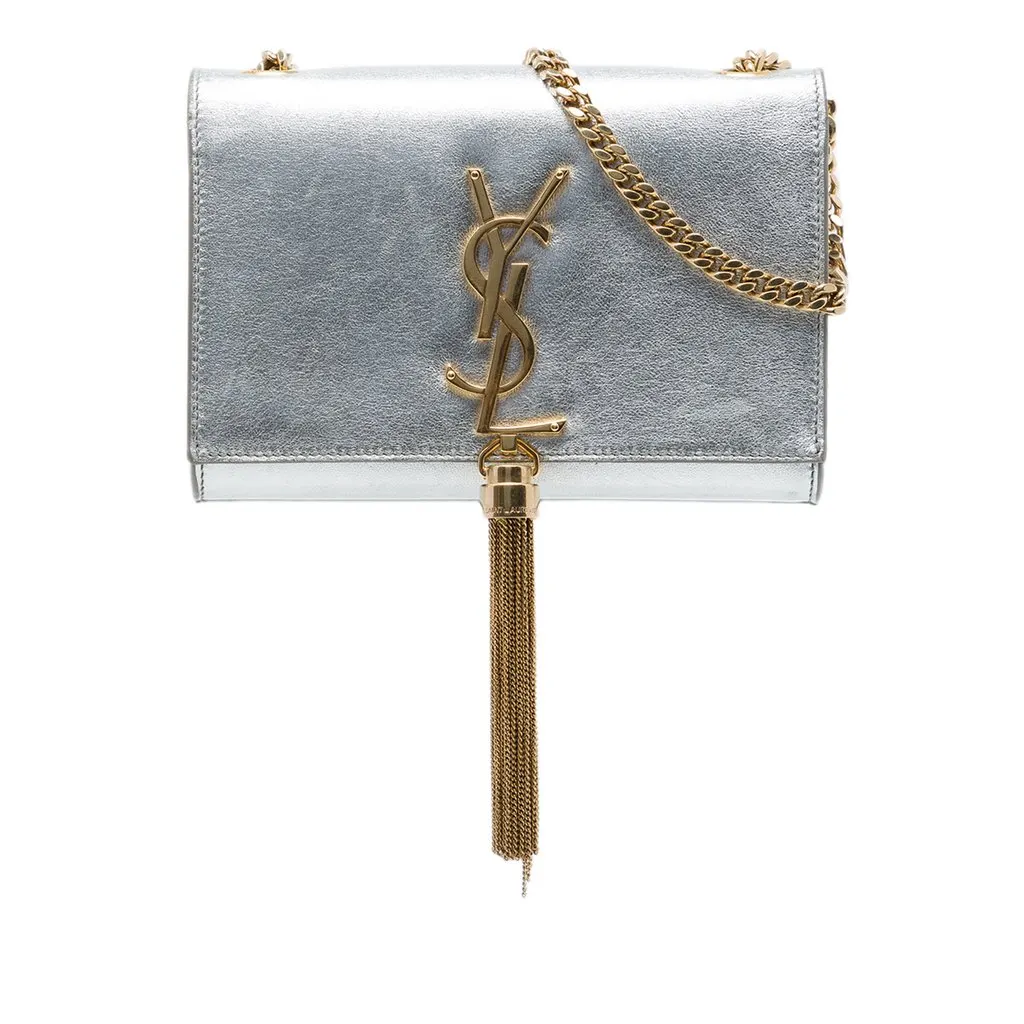 Saint Laurent Small Metallic Calfskin Monogram Kate Tassel Crossbody Silver Leather Very good - Front View