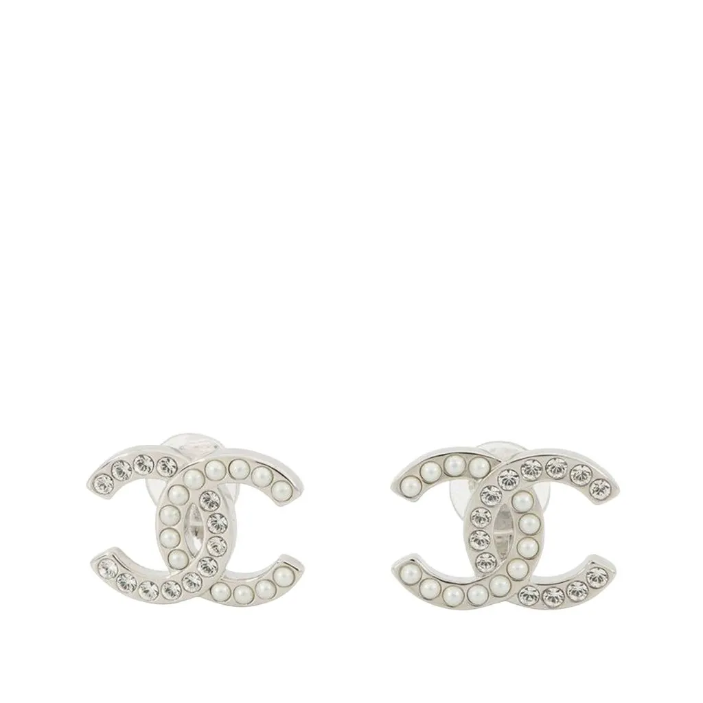 Chanel CC Silver Plated Faux Pearl Rhinestone Clip On Earrings