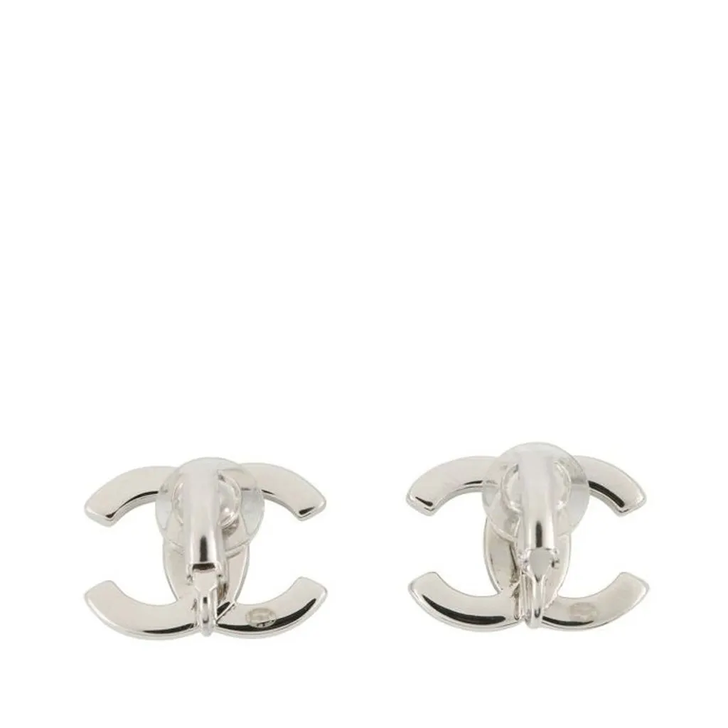 Chanel CC Silver Plated Faux Pearl Rhinestone Clip On Earrings Silver Metal Very good - Back View