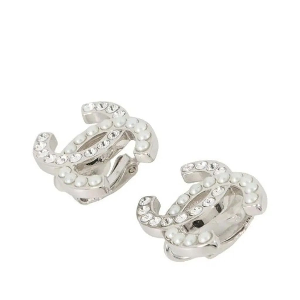 Chanel CC Silver Plated Faux Pearl Rhinestone Clip On Earrings Silver Metal Very good - Inside View