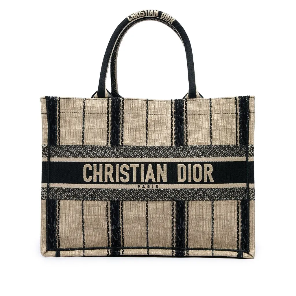 Dior Medium Embroidered Canvas Bayadere Book Tote Beige Very good - Front View
