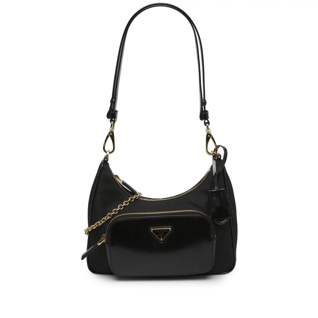 Prada Re Nylon Brushed Leather Front Pocket Hobo Black Polyamide Very good - Front View