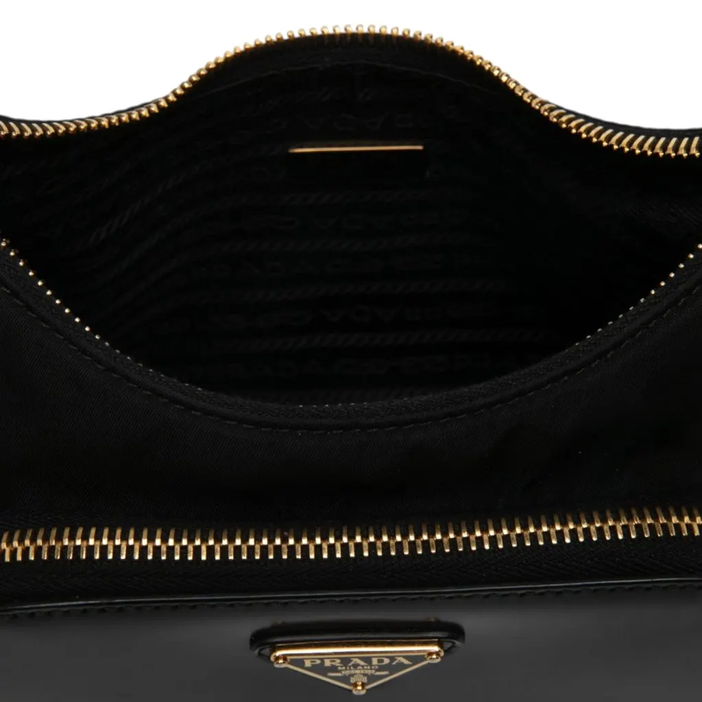 Prada Re Nylon Brushed Leather Front Pocket Hobo Black Polyamide Very good - Model View