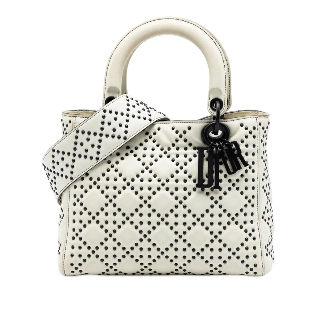 Dior Medium Lambskin Cannage Studded Supple Lady Dior White Leather Very good - Front View