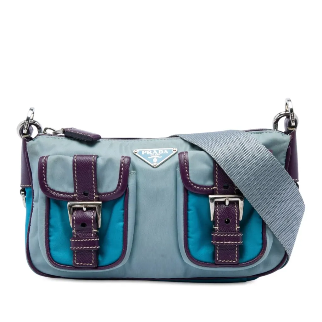 Prada Saffiano Trimmed Tessuto Front Pocket Zip Top Shoulder Bag Blue Polyamide Very good - Front View