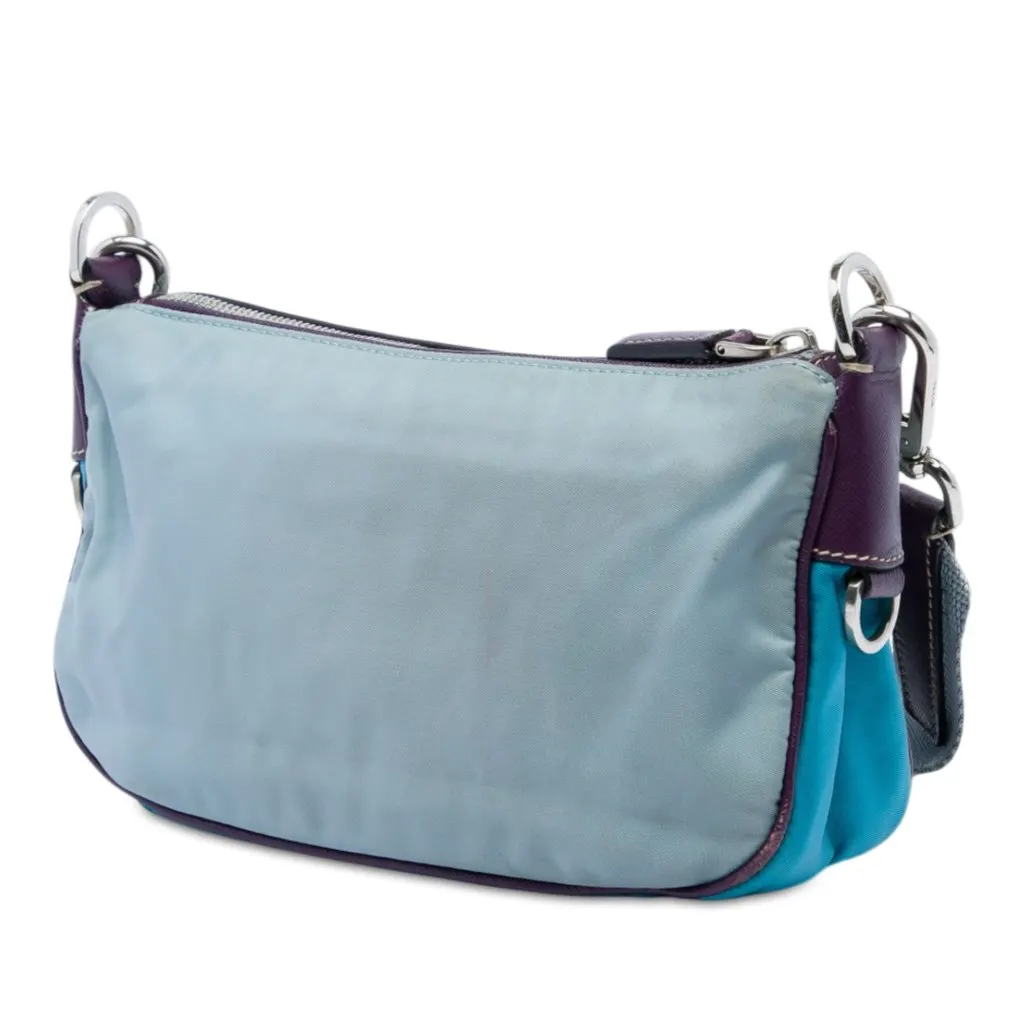 Prada Saffiano Trimmed Tessuto Front Pocket Zip Top Shoulder Bag Blue Polyamide Very good - Back View