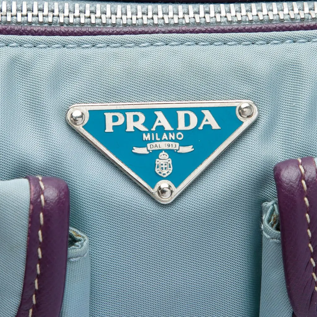 Prada Saffiano Trimmed Tessuto Front Pocket Zip Top Shoulder Bag Blue Polyamide Very good - Model View