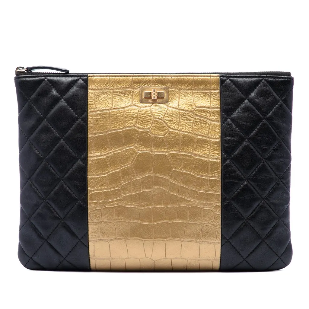Chanel Quilted Lambskin and Crocodile Embossed Metallic Calfskin Reissue 2.55 Clutch Black Leather Very good - Front View