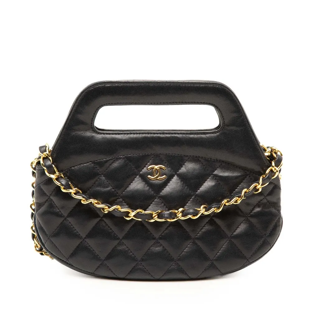 Chanel CC Quilted Lambskin Top Handle Round Frame Bag Black Leather Very good - Front View