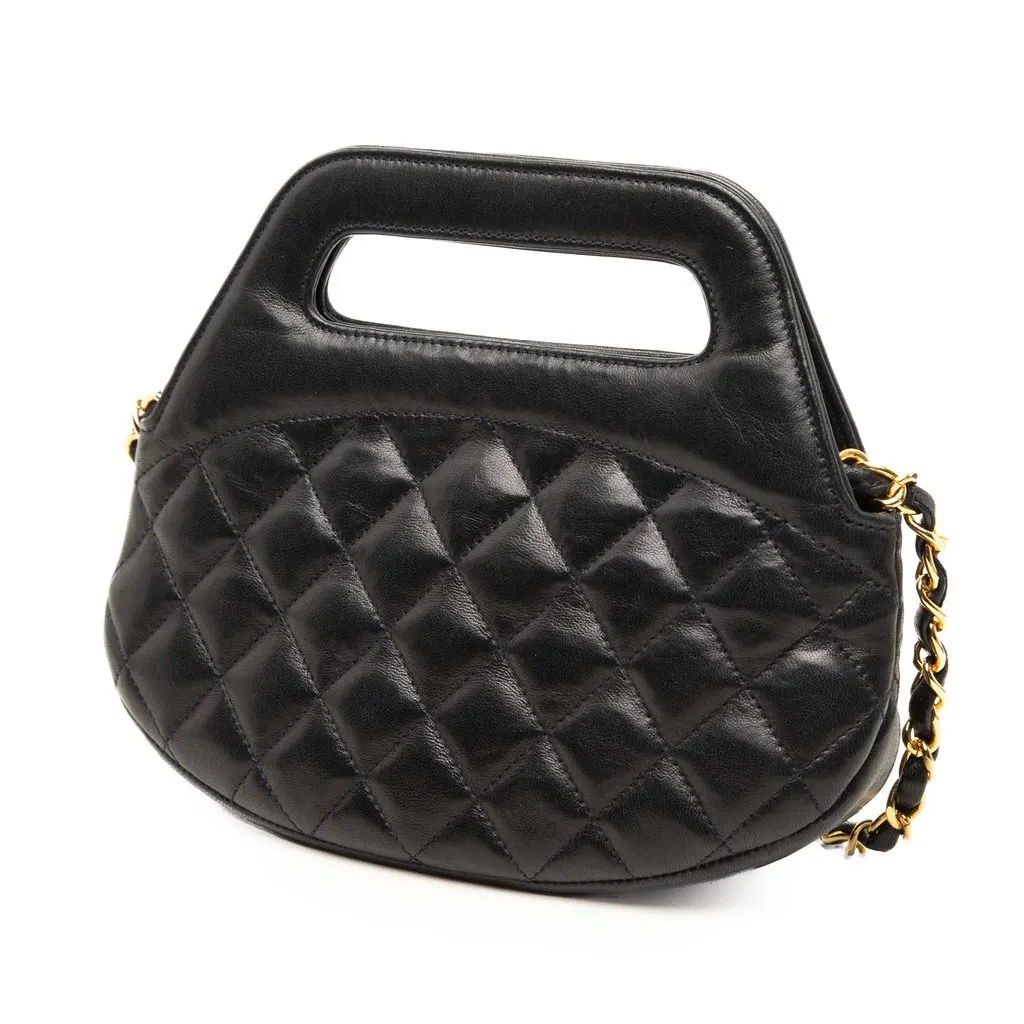 Chanel CC Quilted Lambskin Top Handle Round Frame Bag Black Leather Very good - Back View