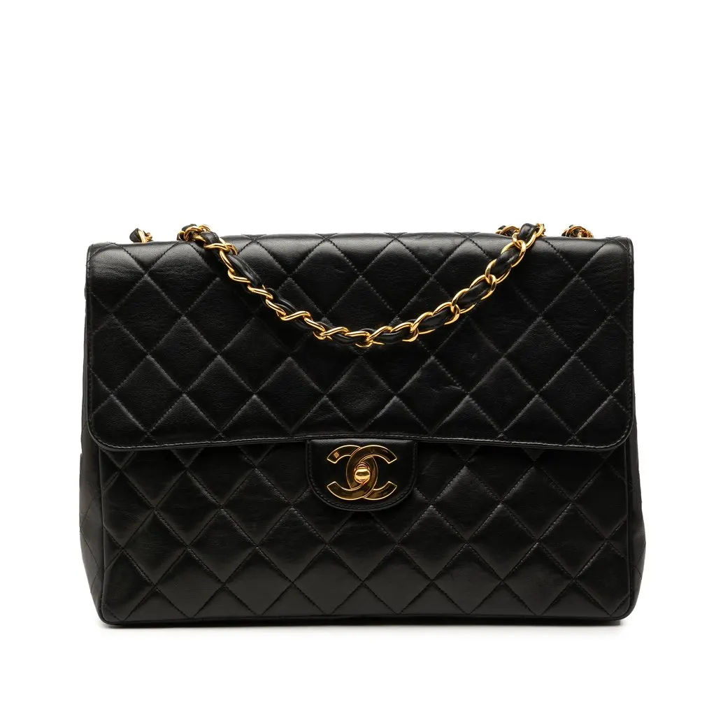 Chanel Jumbo Classic Lambskin Single Flap Black Leather Very good - Front View
