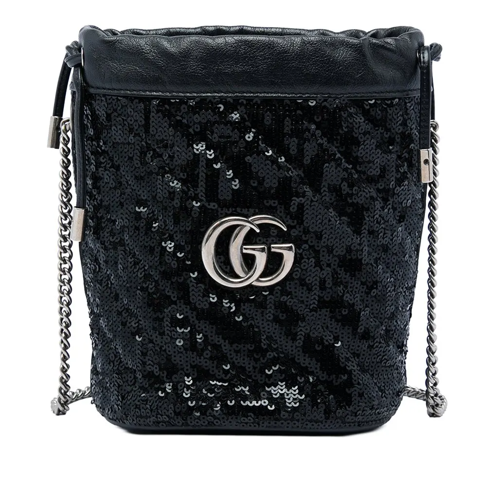 Gucci Small GG Marmont Sequined Diagonal Matelasse Calfskin Bucket Bag Black Leather Very good - Front View