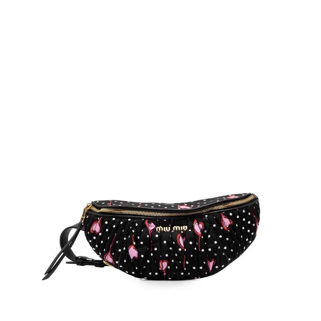 Miu Miu Matelasse Nylon Heart Print Belt Bag Black Very good - Front View