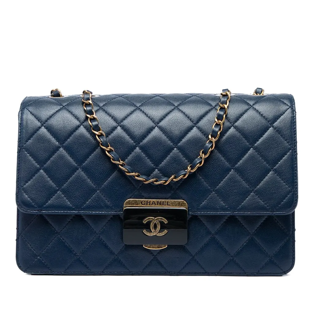 Chanel Large Quilted Sheepskin Beauty Lock Flap Blue Leather Very good - Front View