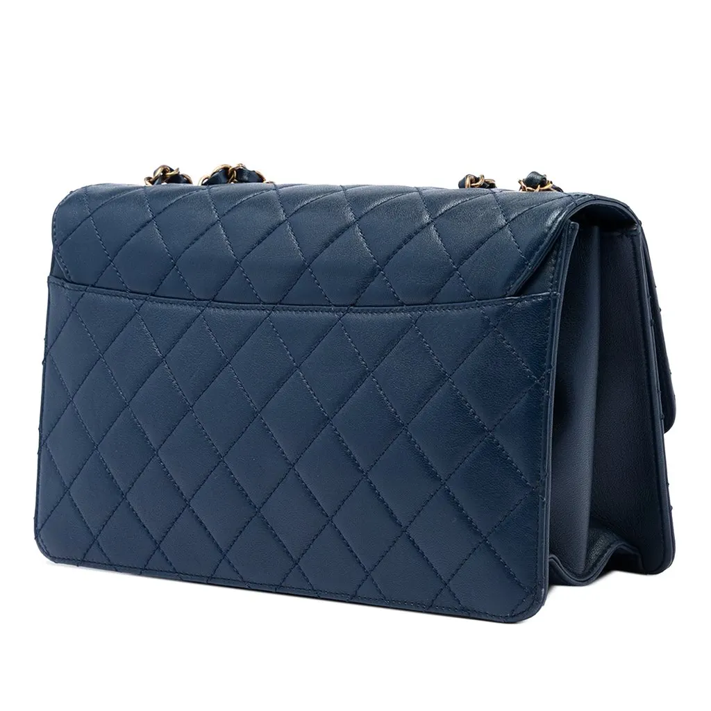 Chanel Large Quilted Sheepskin Beauty Lock Flap Blue Leather Very good - Back View
