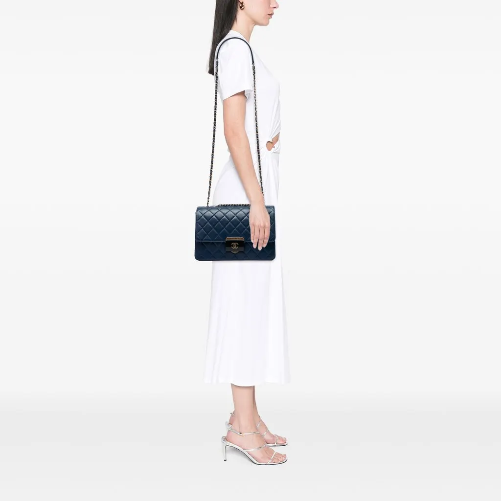 Chanel Large Quilted Sheepskin Beauty Lock Flap Blue Leather Very good - Box View
