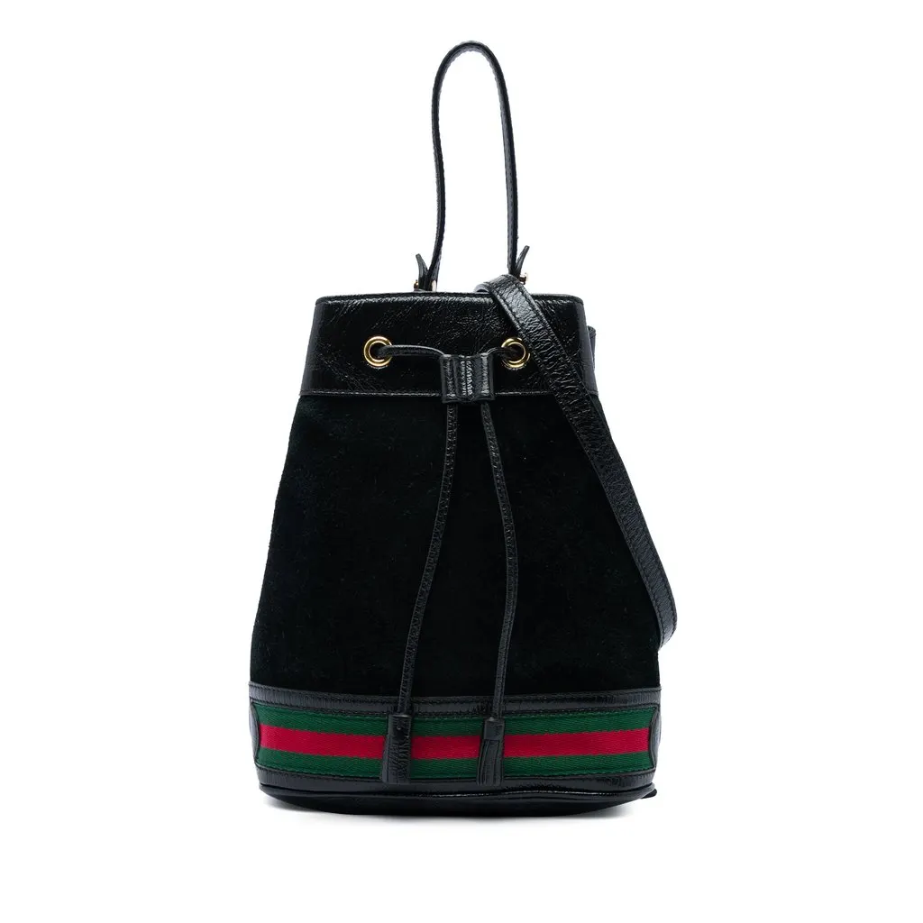 Gucci Small Suede Web Ophidia Bucket Bag Black Leather Very good - Front View
