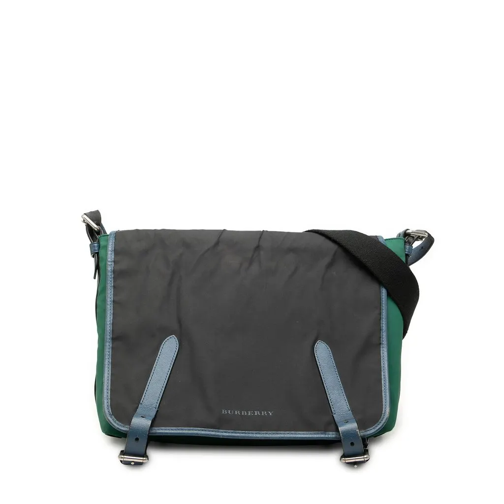 Burberry Large Tricolor Nylon and Leather Messenger Bag Green Polyamide Good - Front View