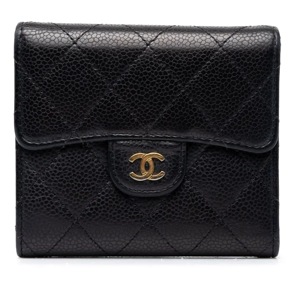 Chanel CC Quilted Caviar Trifold Wallet Black Leather Very good - Front View