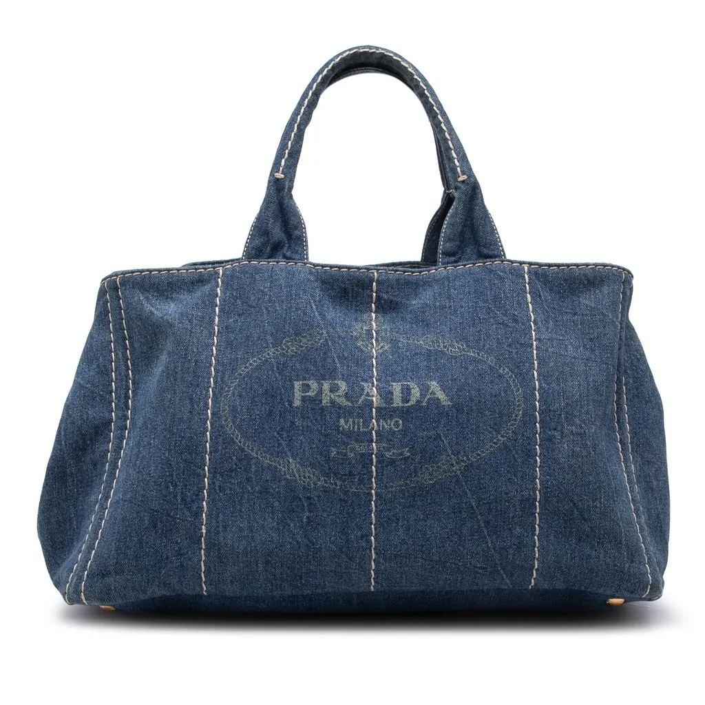 Prada Large Denim Canapa Logo Tote Blue Denim Good - Front View