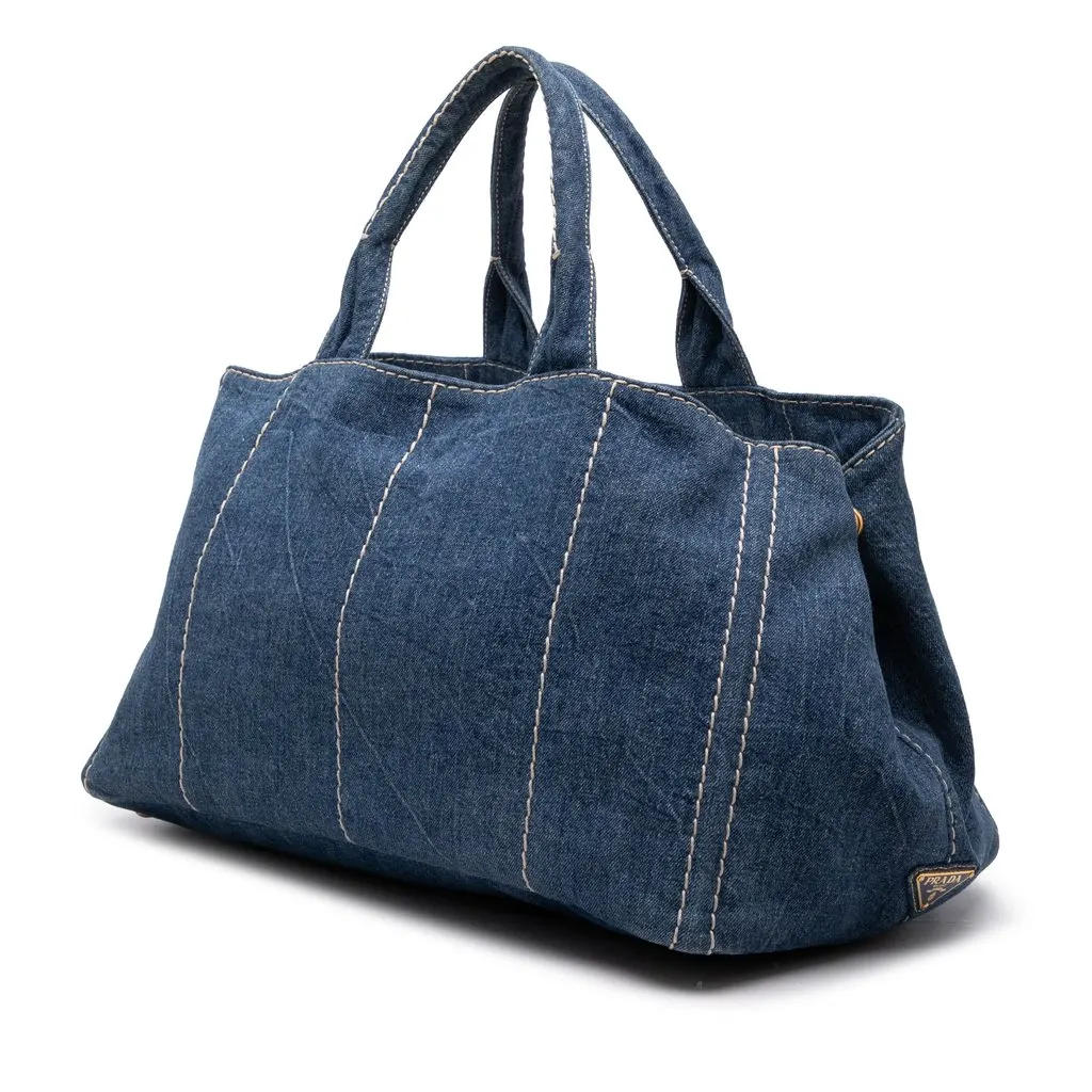Prada Large Denim Canapa Logo Tote Blue Denim Good - Back View