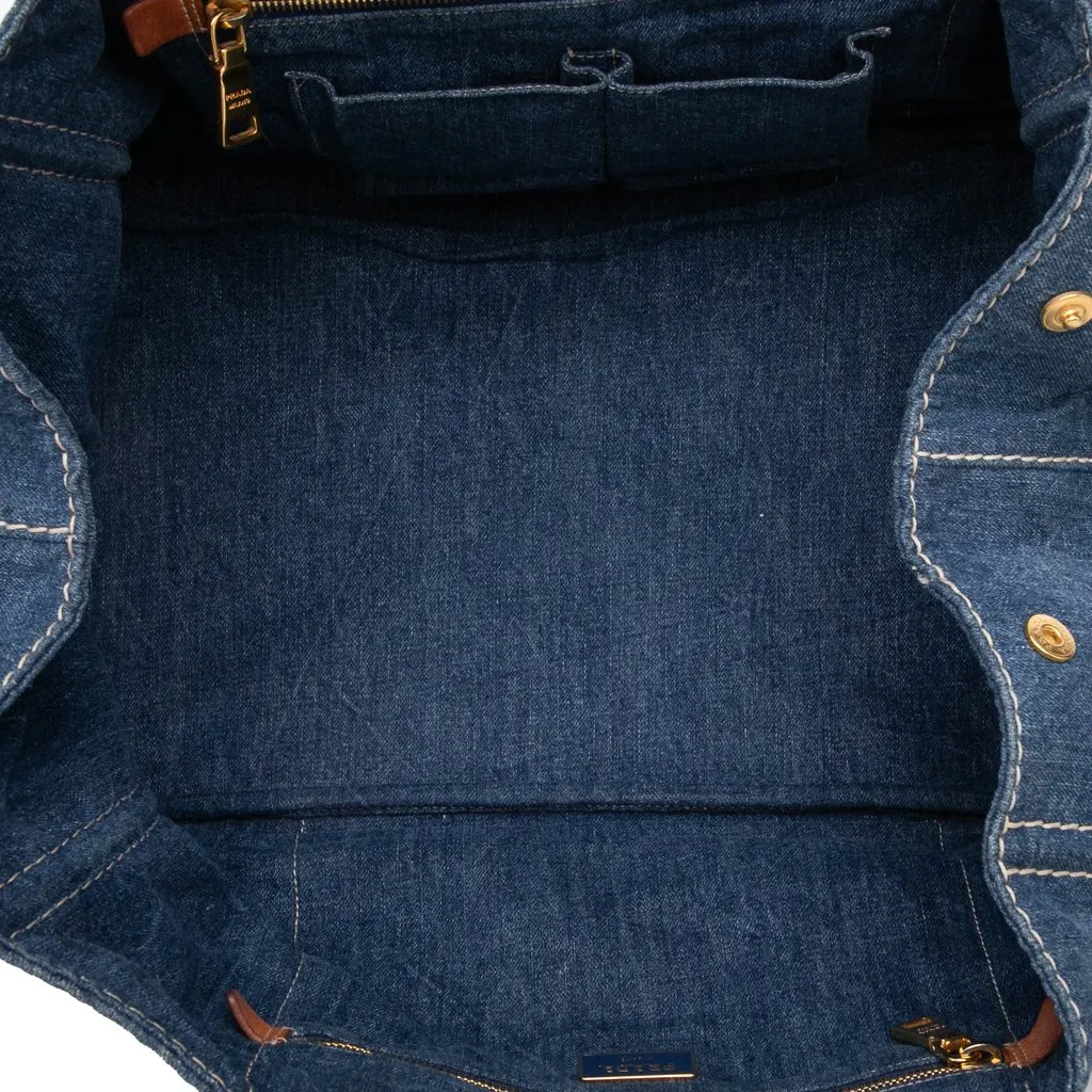 Prada Large Denim Canapa Logo Tote Blue Denim Good - Model View