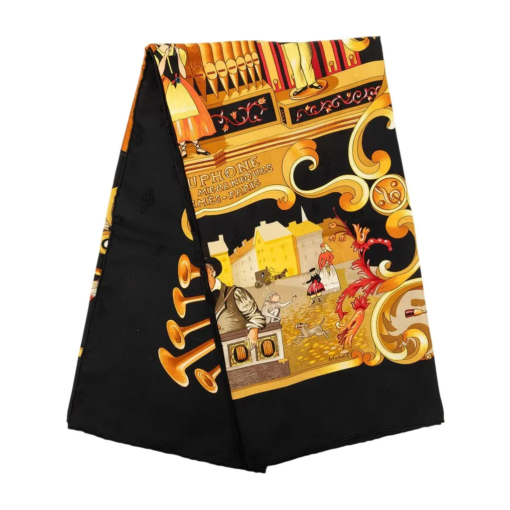 Hermès Orgauphone et Autres Mecaniques Silk Scarf 90 Black Silk Very good - Front View